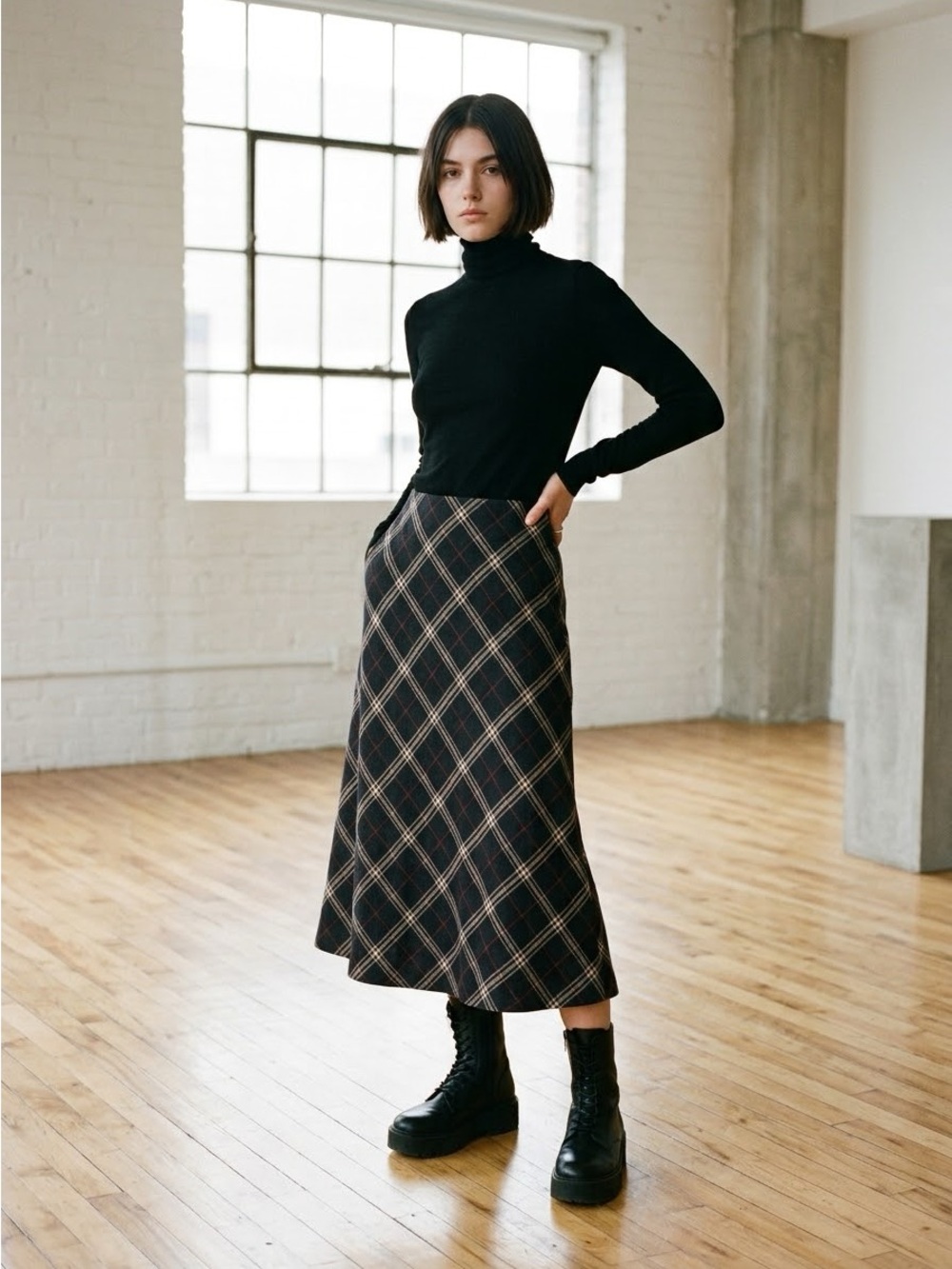 Vintage 90s Jones New York Blue Plaid Wool A-Line Midi Skirt - US 14